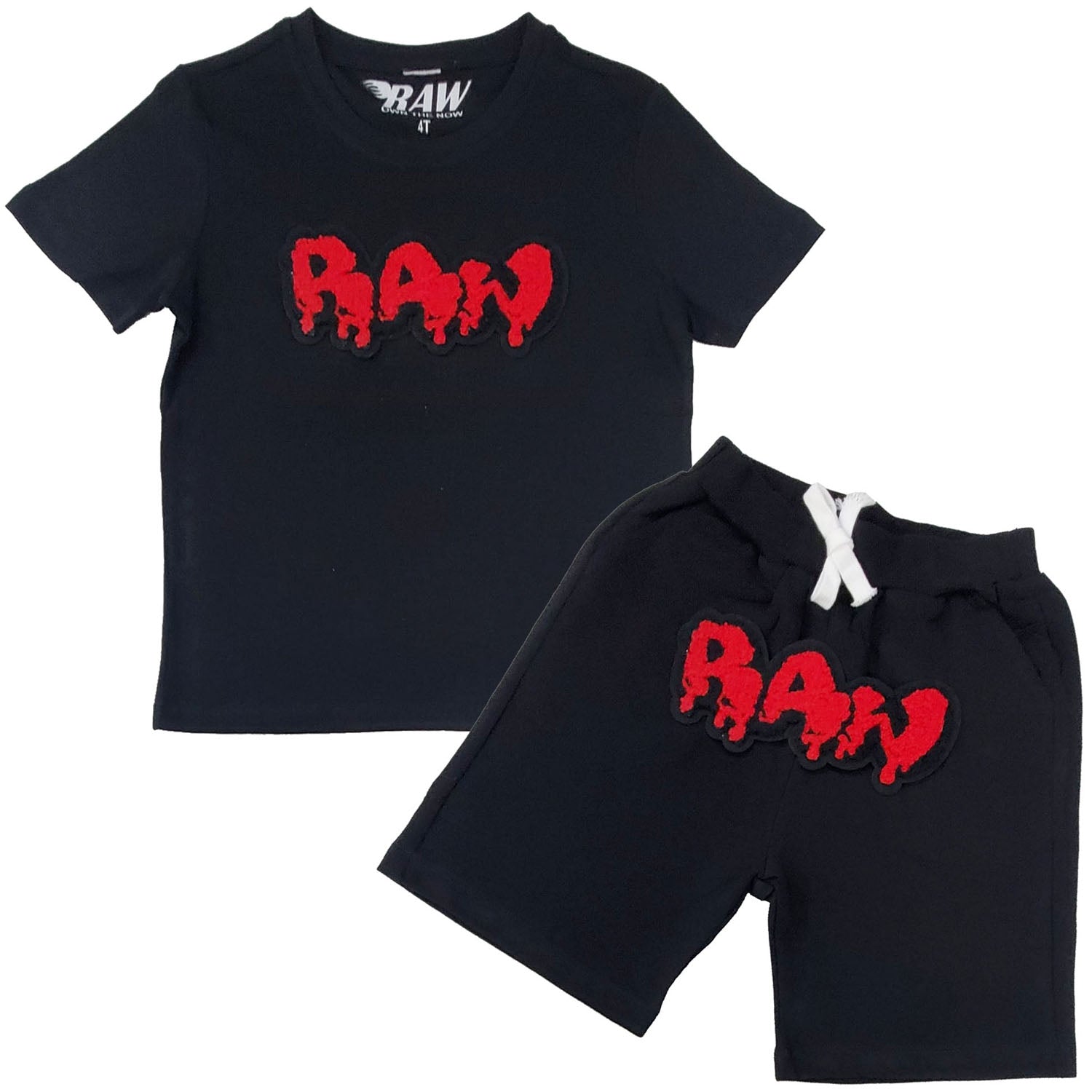 Kids RAW Drip Red Chenille Crew Neck T-Shirt and Cotton Shorts Set - Rawyalty Clothing