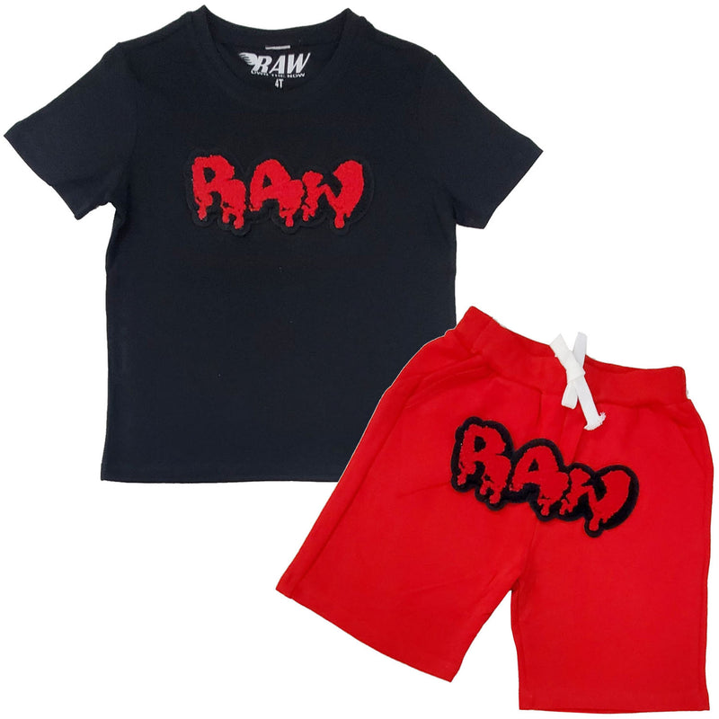 Kids RAW Drip Red Chenille Crew Neck T-Shirt and Cotton Shorts Set - Rawyalty Clothing