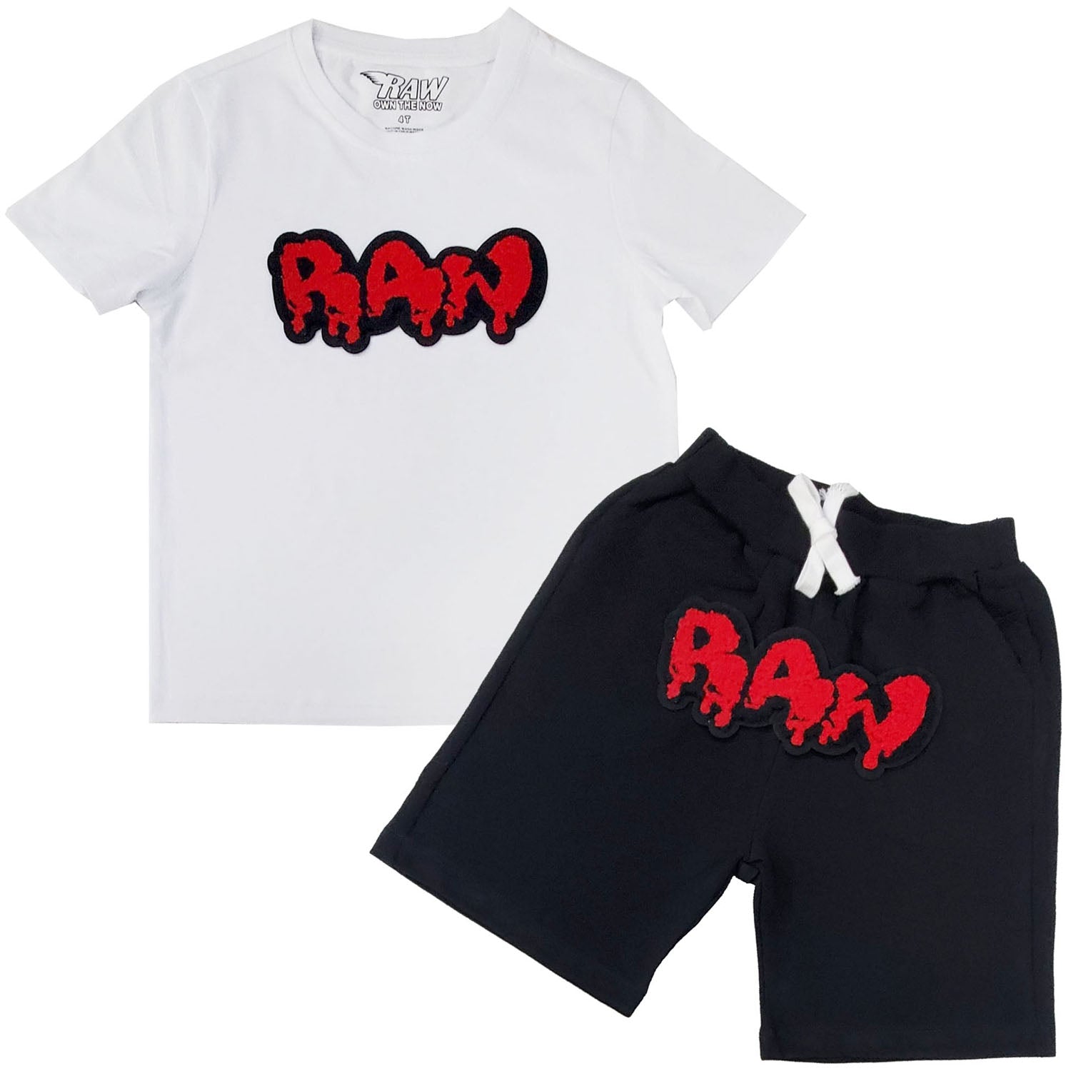 Kids RAW Drip Red Chenille Crew Neck T-Shirt and Cotton Shorts Set - Rawyalty Clothing