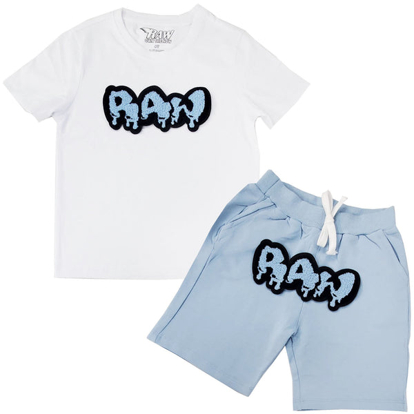 Kids RAW Drip Sky Chenille Crew Neck and Cotton Shorts Set - White Tees / Light Blue Shorts - Rawyalty Clothing