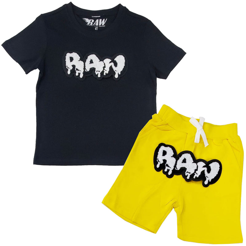 Kids RAW Drip White Chenille Crew Neck and Cotton Shorts Set - Black Tees / Yellow Shorts - Rawyalty Clothing