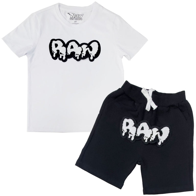 Kids RAW Drip White Chenille Crew Neck and Cotton Shorts Set - White Tees / Black Shorts - Rawyalty Clothing
