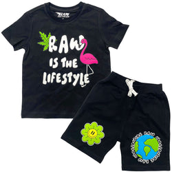 Kids RAW Way Puff Print Crew Neck and Cotton Shorts Set - Black Tees / Black Shorts - Rawyalty Clothing
