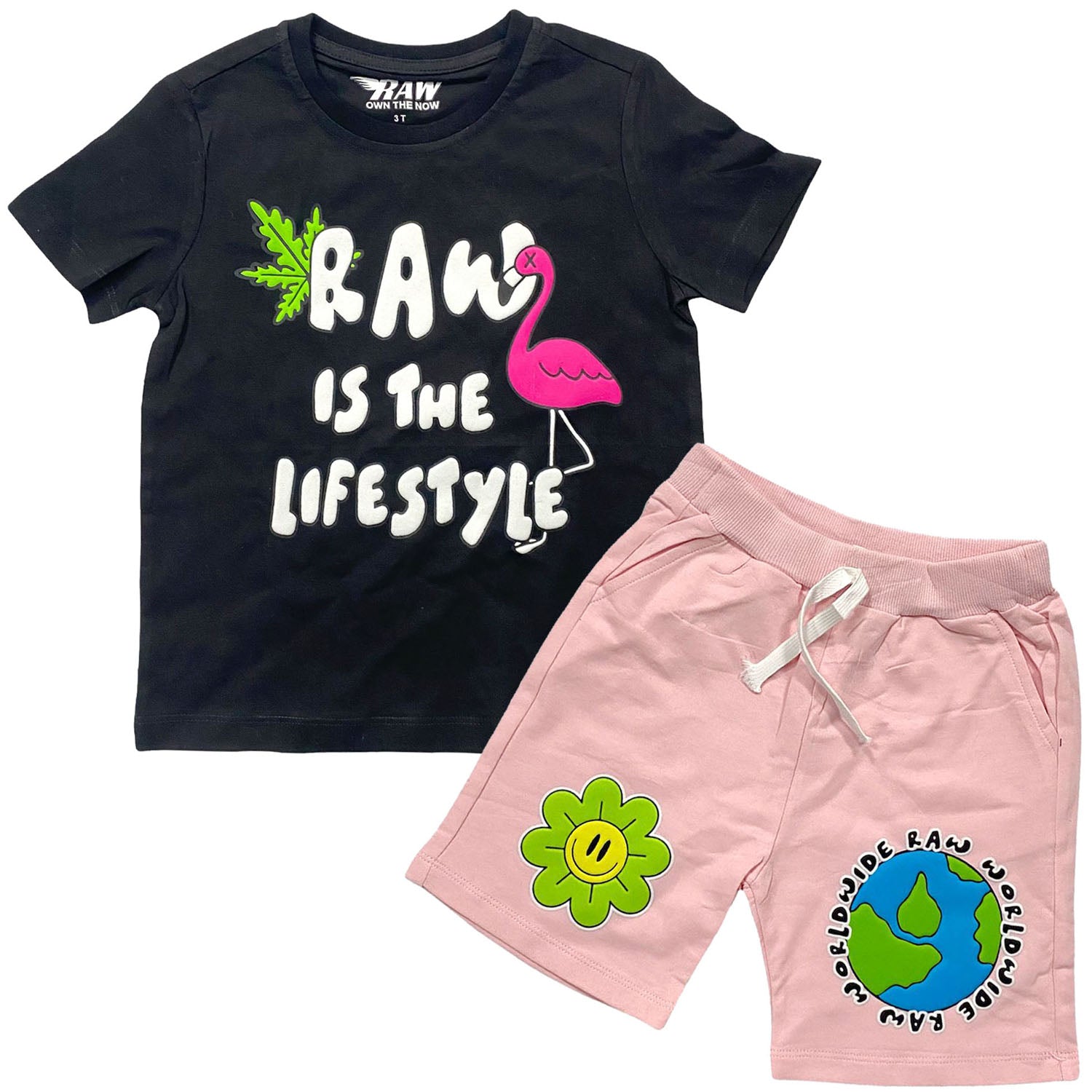 Kids RAW Way Puff Print Crew Neck and Cotton Shorts Set - Black Tees / Pink Shorts - Rawyalty Clothing