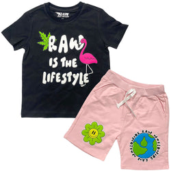 Kids RAW Way Puff Print Crew Neck and Cotton Shorts Set - Black Tees / Pink Shorts - Rawyalty Clothing