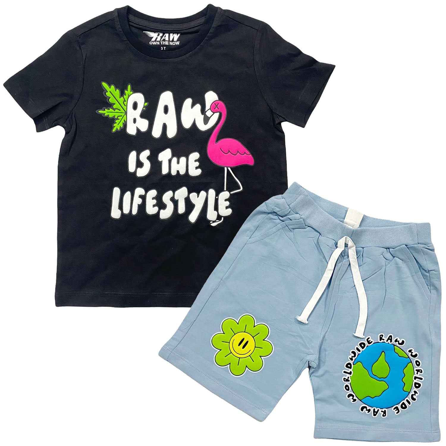 Kids RAW Way Puff Print Crew Neck and Cotton Shorts Set - Black Tees / Sky Shorts - Rawyalty Clothing