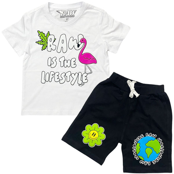 Kids RAW Way Puff Print Crew Neck and Cotton Shorts Set - White Tees / Black Shorts - Rawyalty Clothing