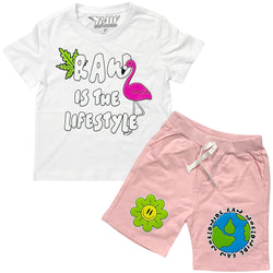 Kids RAW Way Puff Print Crew Neck and Cotton Shorts Set - White Tees / Pink Shorts - Rawyalty Clothing