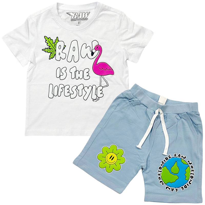 Kids RAW Way Puff Print Crew Neck and Cotton Shorts Set - White Tees / Sky Shorts - Rawyalty Clothing