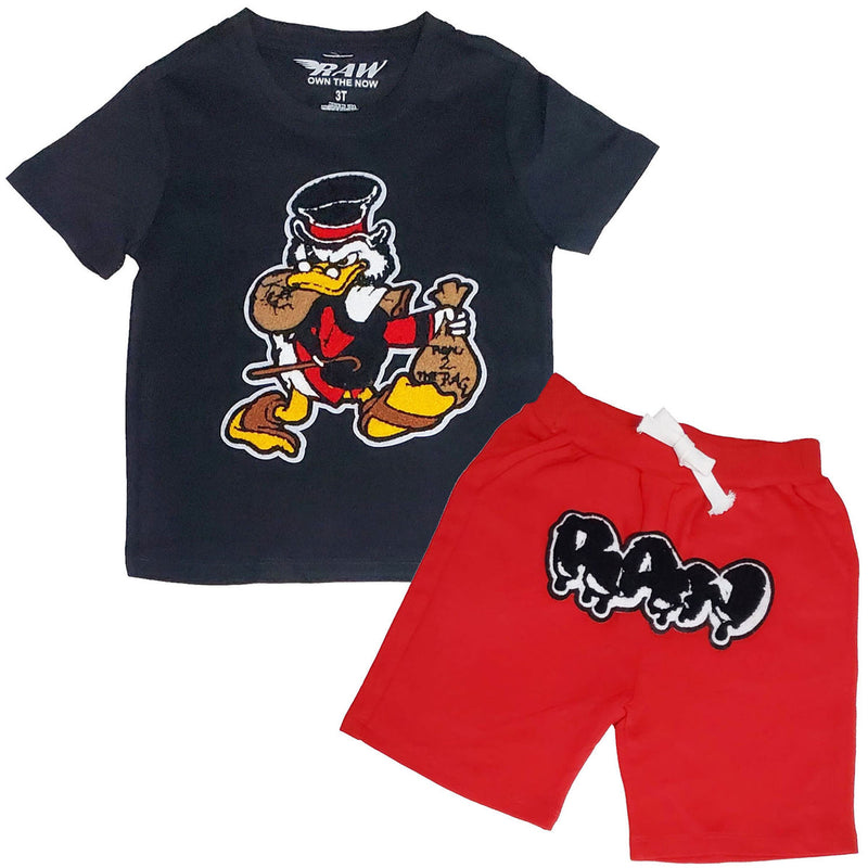 Kids Secure The Bag Chenille Crew Neck and RAW Drip Black Chenille Cotton Shorts Set - Rawyalty Clothing