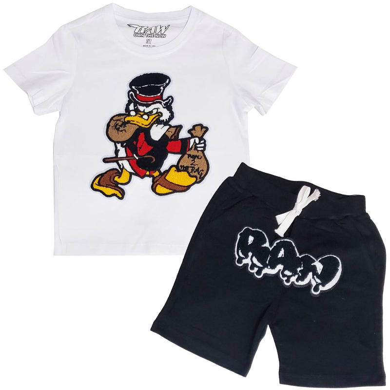Kids Secure The Bag Chenille Crew Neck and RAW Drip Black Chenille Cotton Shorts Set - Rawyalty Clothing