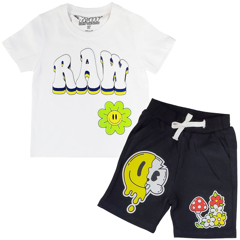 Kids Smiley Drip Puff Print Crew Neck and Cotton Shorts Set - White Tees / Black Shorts - Rawyalty Clothing