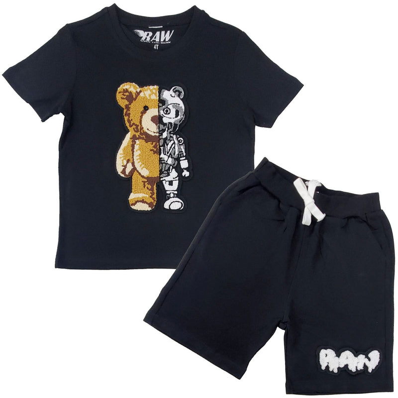 Kids Teddy Robot Chenille Crew Neck and RAW Drip White Chenille Cotton Shorts Set - Rawyalty Clothing