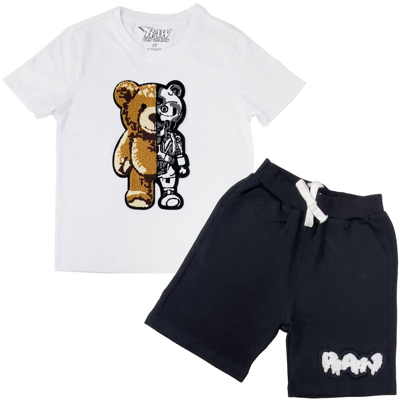 Kids Teddy Robot Chenille Crew Neck and RAW Drip White Chenille Cotton Shorts Set - Rawyalty Clothing