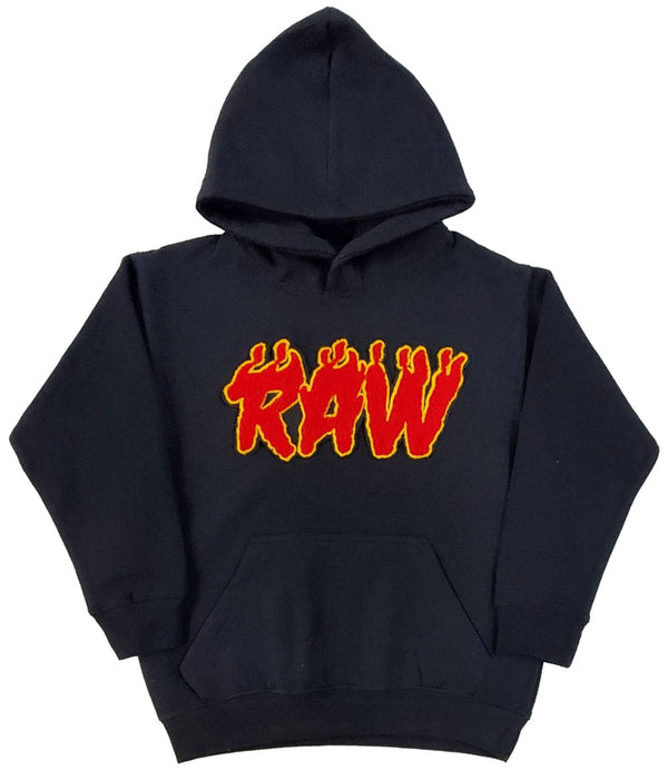 Kids RAW Flame Red Chenille Hoodie - Black - Rawyalty Clothing