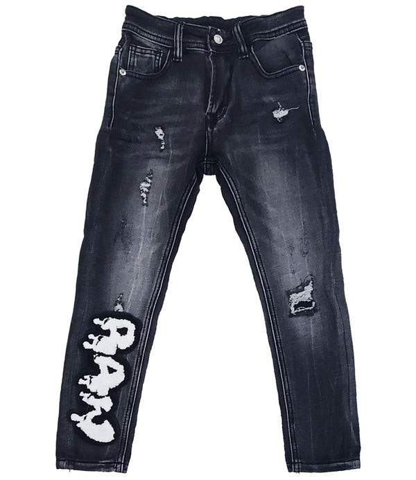 Kids RAW Drip White Chenille RKJ001 Denim Jeans - Black - Rawyalty Clothing