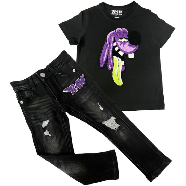 Kids Anti Social Purple Chenille Crew Neck T-Shirt and RAW Wing Purple Chenille Denim Jeans Set - Rawyalty Clothing