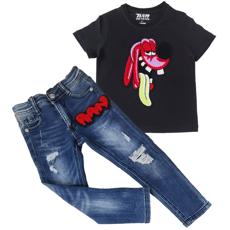 Kids Anti Social Red Chenille Crew Neck T-Shirt and RAW Drip Red Chenille Denim Jeans Set - Rawyalty Clothing