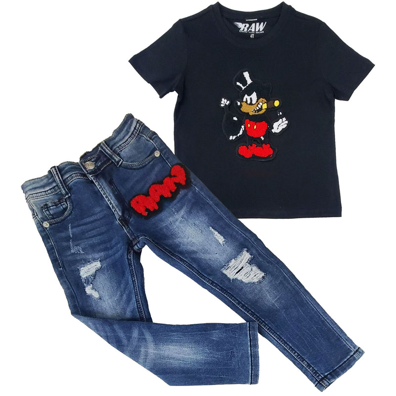 Kids Bomb Chenille Crew Neck T-Shirt and RAW Drip Red Chenille Denim Jeans Set - Rawyalty Clothing