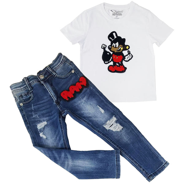 Kids Bomb Chenille Crew Neck T-Shirt and RAW Drip Red Chenille Denim Jeans Set - Rawyalty Clothing