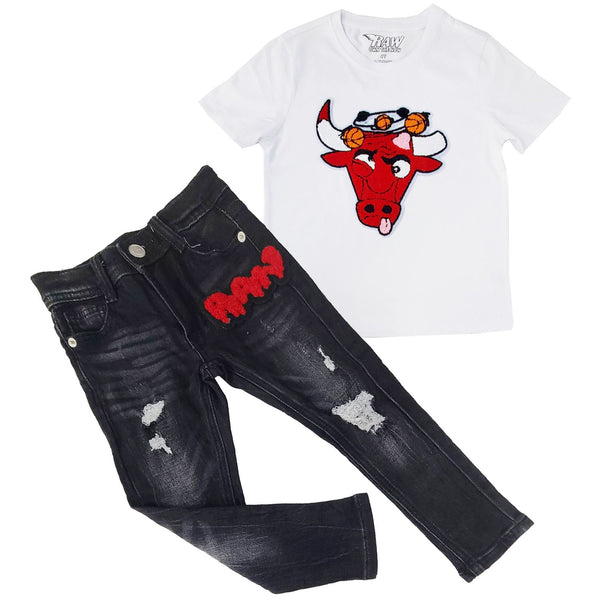 Kids Bulls Chenille Crew Neck T-Shirt and RAW Drip Red Chenille Denim Jeans Set - Rawyalty Clothing