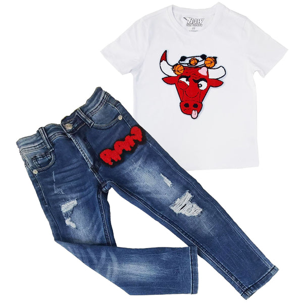 Kids Bulls Chenille Crew Neck T-Shirt and RAW Drip Red Chenille Denim Jeans Set - Rawyalty Clothing