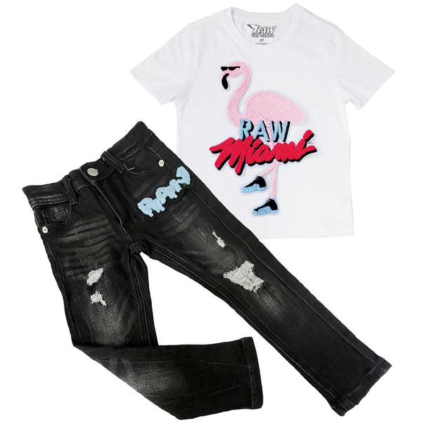 Kids Flamingo Chenille Crew Neck T-Shirt and RAW Drip Sky Chenille Denim Jeans Set - Rawyalty Clothing