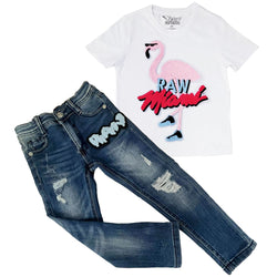 Kids Flamingo Chenille Crew Neck T-Shirt and RAW Drip Sky Chenille Denim Jeans Set - Rawyalty Clothing