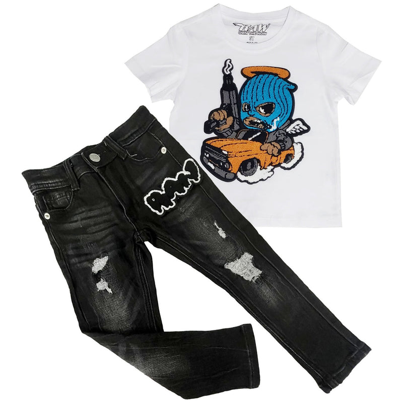 Kids Gangster Chenille Crew Neck T-Shirt and RAW Drip Black Chenille Denim Jeans Set - Rawyalty Clothing