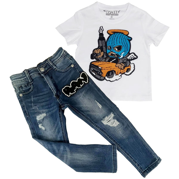 Kids Gangster Chenille Crew Neck T-Shirt and RAW Drip Black Chenille Denim Jeans Set - Rawyalty Clothing