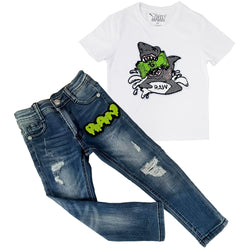 Kids Money Hungry Chenille Crew Neck T-Shirt and RAW Drip Lime Green Chenille Denim Jeans Set - Rawyalty Clothing