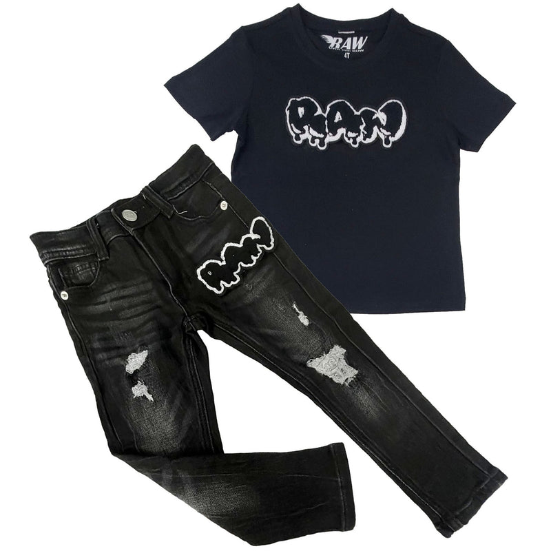 Kids RAW Drip Black Chenille Crew Neck T-Shirt and Denim Jeans Set - Rawyalty Clothing