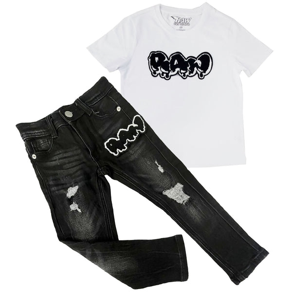 Kids RAW Drip Black Chenille Crew Neck T-Shirt and Denim Jeans Set - Rawyalty Clothing