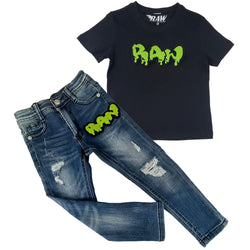 Kids RAW Drip Lime Green Chenille Crew Neck T-Shirt and Denim Jeans Set - Rawyalty Clothing
