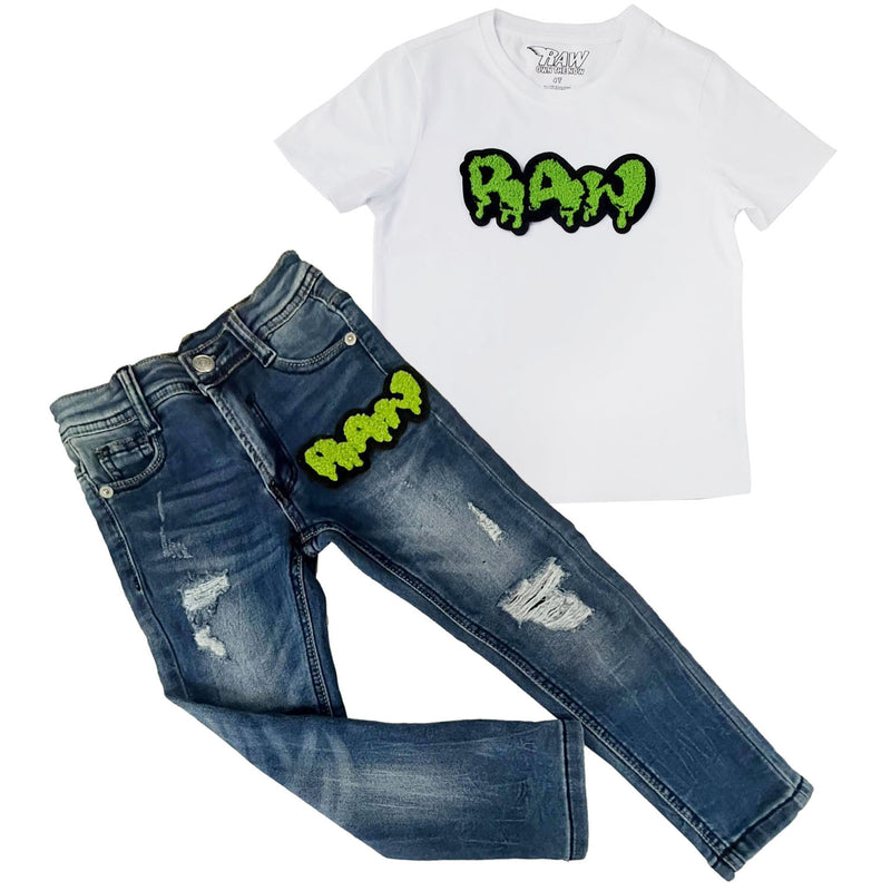 Kids RAW Drip Lime Green Chenille Crew Neck T-Shirt and Denim Jeans Set - Rawyalty Clothing