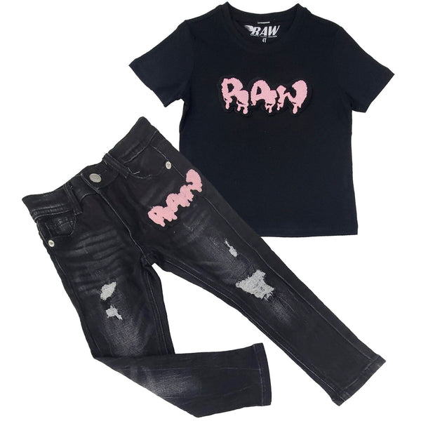 Kids RAW Drip Pink Chenille Crew Neck and Denim Jeans Set - Black Tees / Black Jeans - Rawyalty Clothing
