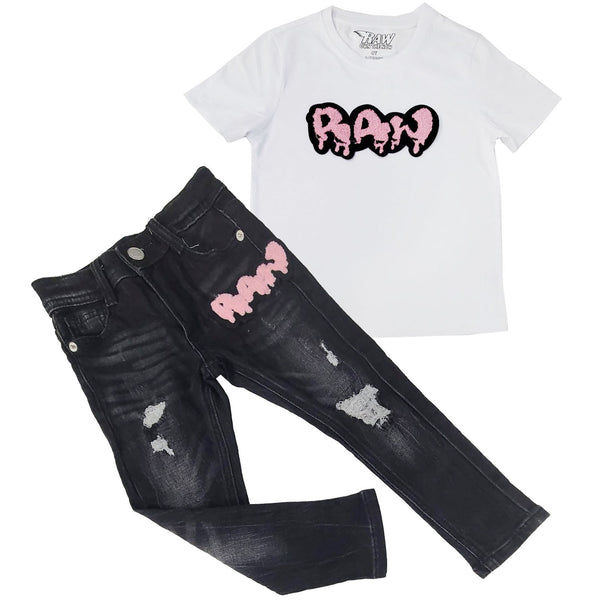 Kids RAW Drip Pink Chenille Crew Neck and Denim Jeans Set - White Tees / Black Jeans - Rawyalty Clothing
