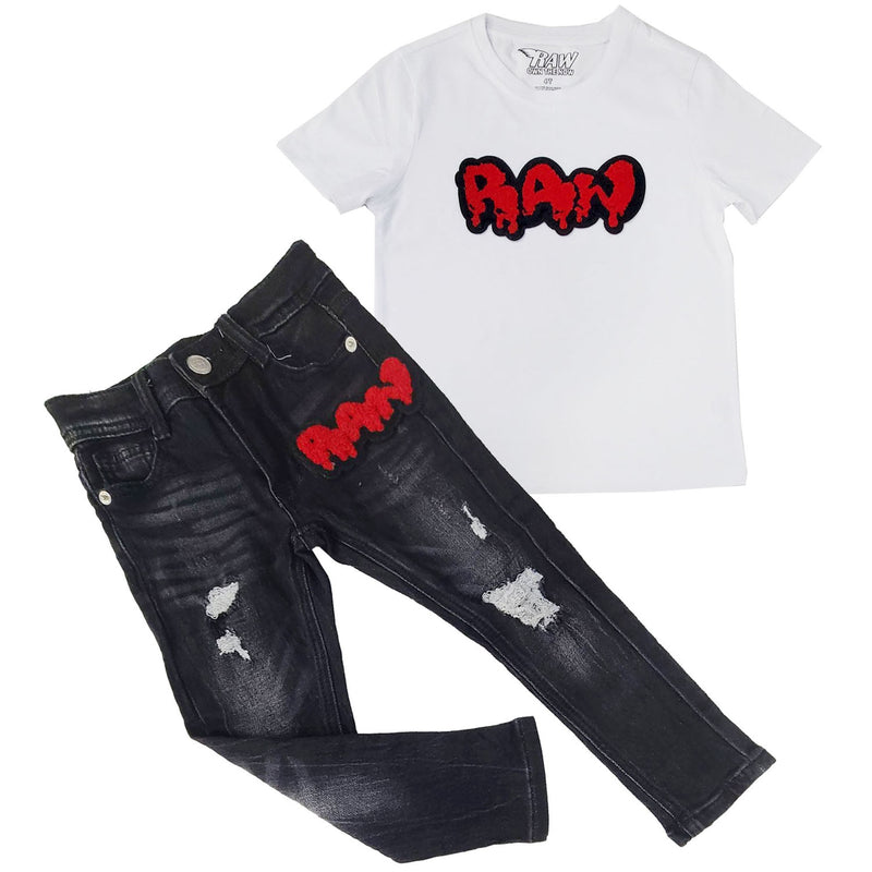 Kids RAW Drip Red Chenille Crew Neck T-Shirt and Denim Jeans Set - Rawyalty Clothing