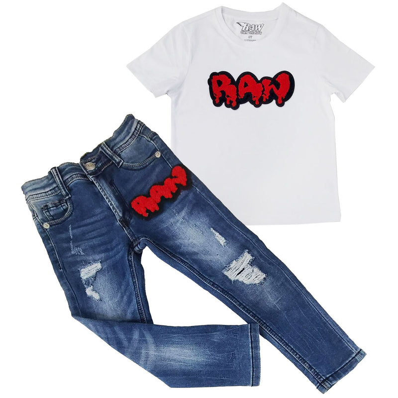 Kids RAW Drip Red Chenille Crew Neck T-Shirt and Denim Jeans Set - Rawyalty Clothing