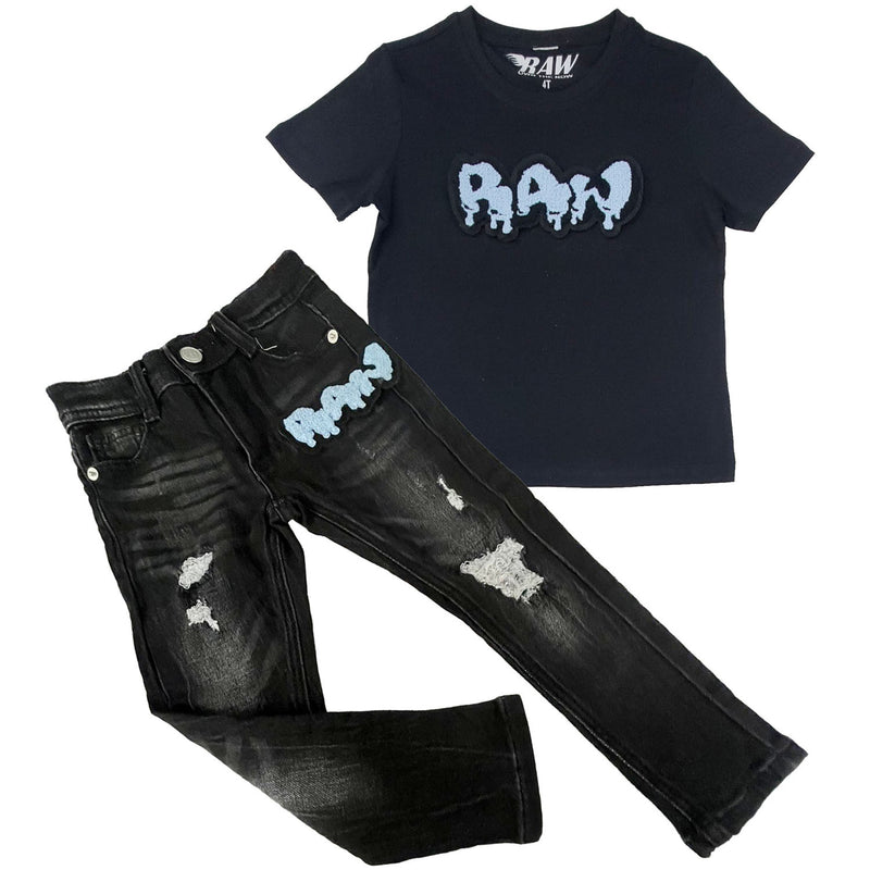 Kids RAW Drip Sky Chenille Crew Neck and Denim Jeans Set - Black Tees / Black Jeans - Rawyalty Clothing