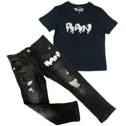 Kids RAW Drip White Chenille Crew Neck and Denim Jeans Set - Black Tees / Black Jeans - Rawyalty Clothing
