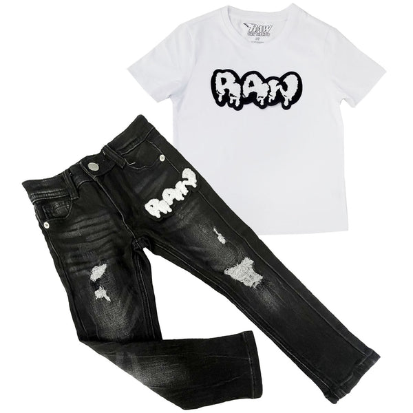 Kids RAW Drip White Chenille Crew Neck and Denim Jeans Set - White Tees / Black Jeans - Rawyalty Clothing