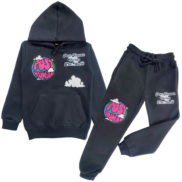 Kids Post Human Vs The World Chenille Hoodie and Jogger Set - Rawyalty Clothing