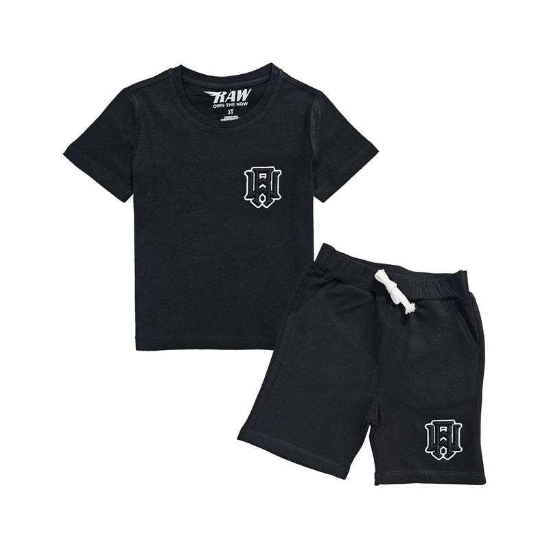 Kids 3D Stitch Logo Black Embroidery T-Shirts and Cotton Shorts Set - Rawyalty Clothing