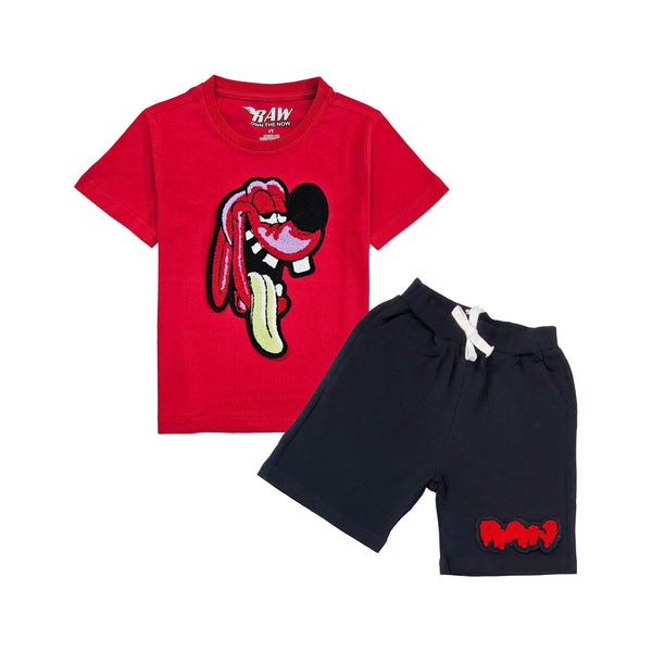 Kids Anti Social Red Chenille T-Shirt and Raw Drip Red Chenille Cotton Shorts Set - Rawyalty Clothing