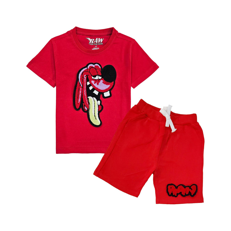 Kids Anti Social Red Chenille T-Shirt and Raw Drip Red Chenille Cotton Shorts Set - Rawyalty Clothing