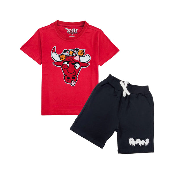 Kids Bulls Chenille Crew Neck T-Shirt and Raw Drip White Chenille Cotton Shorts Set - Rawyalty Clothing