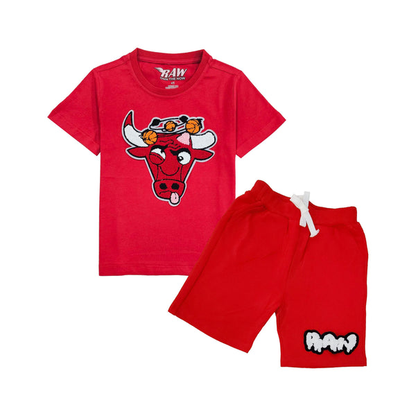 Kids Bulls Chenille Crew Neck T-Shirt and Raw Drip White Chenille Cotton Shorts Set - Rawyalty Clothing