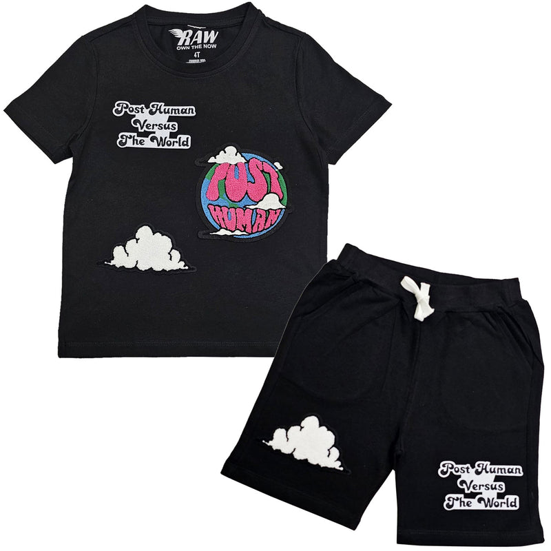 Kids Post Human Vs The World Chenille T-Shirts and Cotton Shorts Set - Rawyalty Clothing