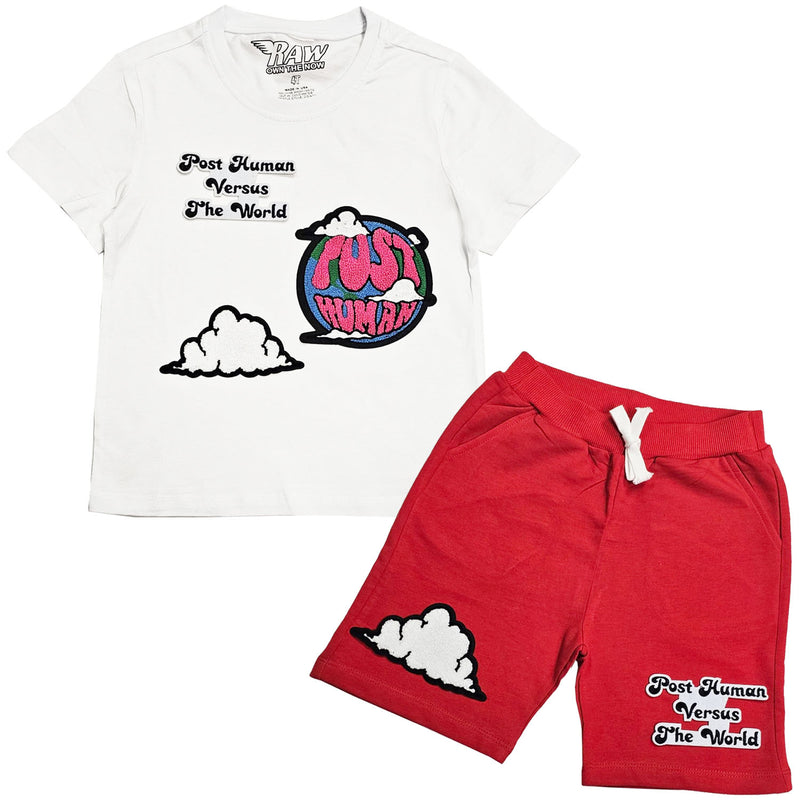 Kids Post Human Vs The World Chenille T-Shirts and Cotton Shorts Set - Rawyalty Clothing